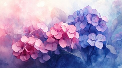 Obraz premium Beautiful hydrangea flowers blossom in gentle shades of blue, pink, and purple, perfect for spring occasions like weddings and Mother's Day celebrations