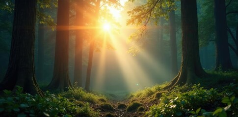 Hexagonal rainbow lens flare above lush forest, glare, light, forest surroundings