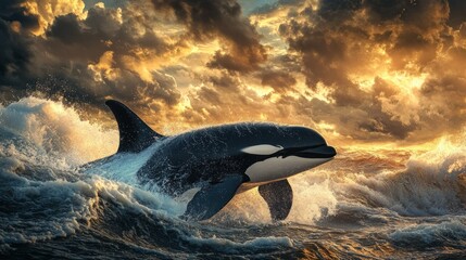 Orca leaps in stormy sunset ocean