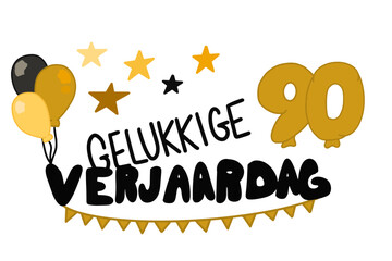 Gelukkige Verjaardag vector met banners, ballonnen, sterren en het getal 90