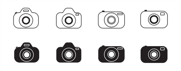 set of simple black photo camera icons on white background
