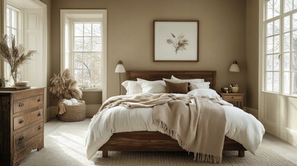 Obraz premium Soft natural light filters through the windows, illuminating the serene bedroom adorned with Alpine oat walls and elegant wooden furnishings, creating an inviting atmosphere for rest and reflection