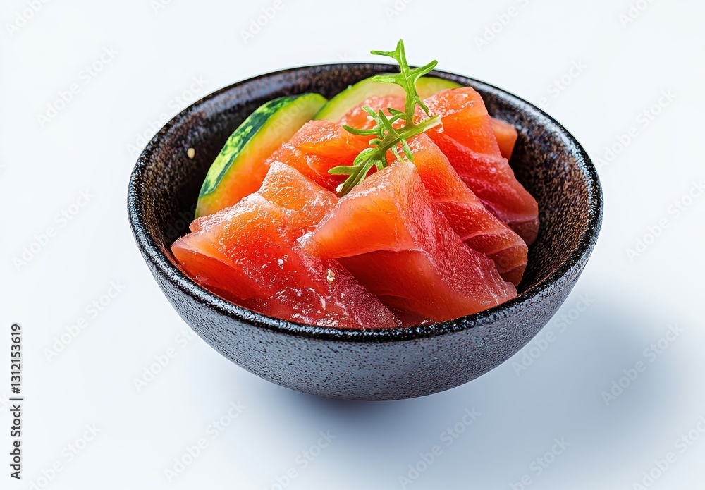 Poster fresh salmon slices with cucumber garnish in a black bowl on white background for culinary or food s