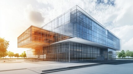 Obraz premium Modern glass office building exterior, sunny day