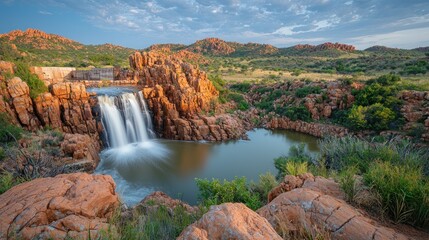 Rocky Waterfall Cascades into Pond at Sunrise, Scenic View