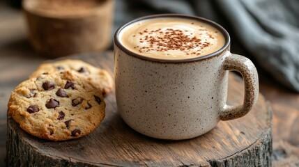 Warm Chocolate Chip Cookies & Coffee on Rustic Wood