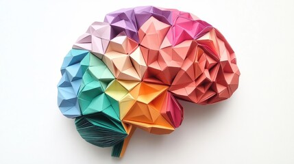 A vibrant and colorful human brain crafted in origami paper cut style, set against a clean white background.