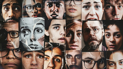Collage of diverse faces showcasing various expressions, representing a concept of people.