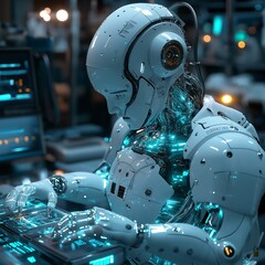 Fototapeta premium Futuristic humanoid robot with glowing blue circuits working on a high-tech interface, symbolizing advanced artificial intelligence, robotics, and the future of technology