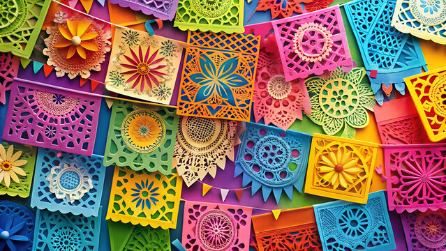 3d illustration: Colorful Papel Picado Background with Intricate Cut-Out Designs in Bold Colors and Traditional Feel with Copy Space  