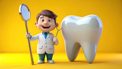 3d cute cartoon dentist an heroic pose with an oversize tooth isolate on yellow background. Generative AI