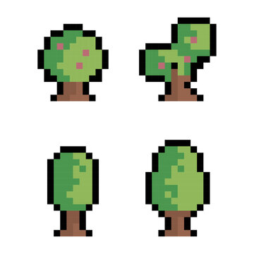 Pixel art trees in 8-bit style, pixelated trees, tree icons set, Trees set, pixel art style, Game assets, 8-bit, retro game, 8-bit tree collection, pixelated nature sprites, Pixel art tree set.