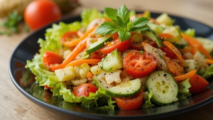 Colorful Fresh Salad with Cucumbers, Cherry Tomatoes, Carrots, and Leafy Greens on Wooden Table
