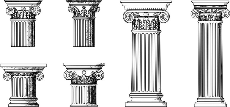 Line Greek pillars and Roman columns, ancient architecture and antique buildings, vector icons. Greece or Rome architecture column pillars of marble stone in line art with pilasters and ornate cornice