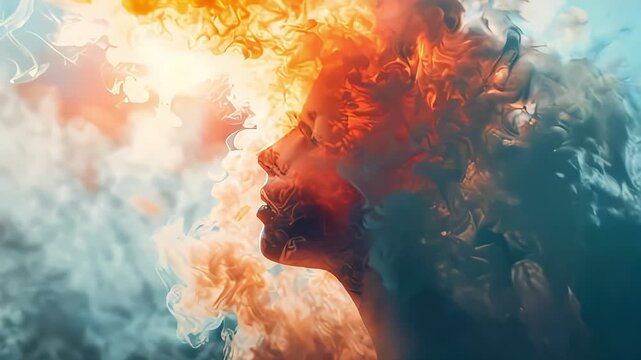 Video of a profile surrounded by swirling smoke in orange and blue tones, on a soft, dreamy background Concept of joy and nature, mental health and emotional intelligence