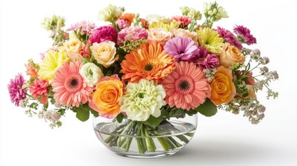 A vibrant bouquet of assorted flowers arranged in a clear glass vase, isolated on a white background.
