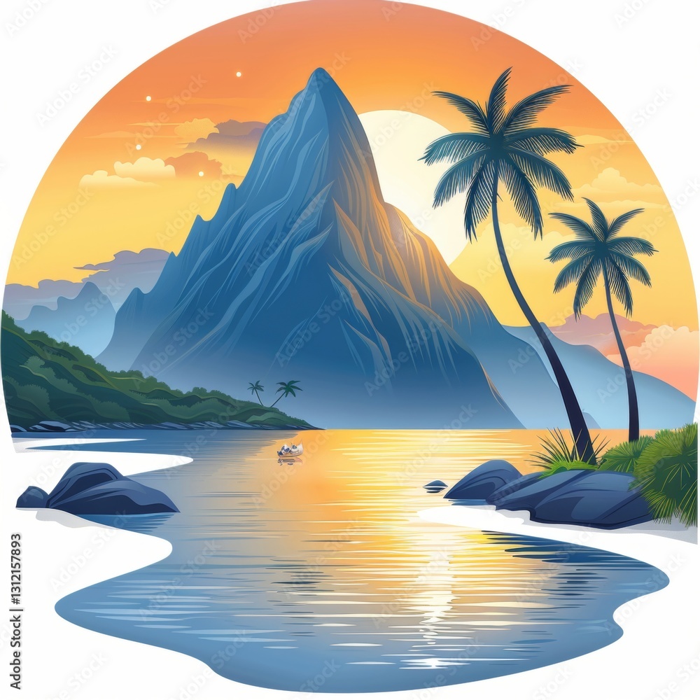 Poster golden sunlight illuminates a serene mountain landscape. soft waves lap at the shore with palm trees