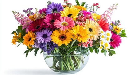 A vibrant bouquet of assorted flowers arranged in a clear glass vase, isolated on a white background.