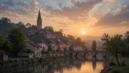 Obraz premium Charming Village at Sunrise with River Reflection and Historic Architecture in Tranquil Landscape