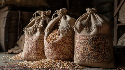 Richly textured cloth bags filled with grain on floor