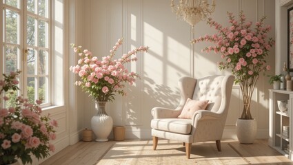 Elegant Interior Living Space With Pink Flower Arrangements And Cozy Armchair Bathed In Sunlight