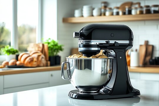 Black stand mixer with mixing bowl on a kitchen counter, ready for baking or preparing food ingredients