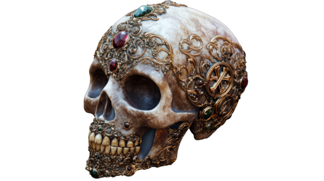 A baroque medieval skull encrusted with rubies and emeralds, filigree gold engravings wrapping around the bone, Gothic lettering