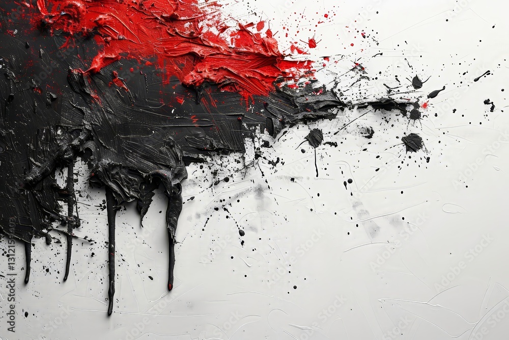 Poster bright red and deep black paint are smeared and splattered across a white canvas creating a striking