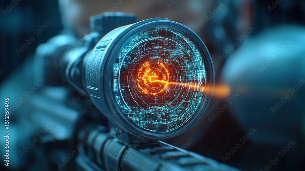 Poster futuristic rifle featuring a striking glowing red eye element emphasizing advanced weapon technology