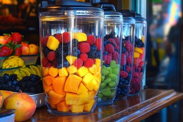 Fresh fruits beautifully arranged in blenders at a vibrant kitchen counter for smoothie preparation