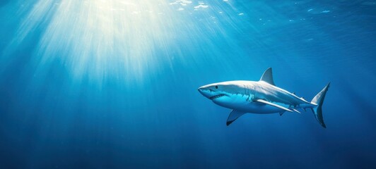 Fototapeta premium great white shark swims gracefully beneath ocean surface, illuminated by sunlight rays