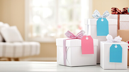 Whimsical Scene of Beautifully Designed Gift Boxes with Colorful Tags in a Bright Setting