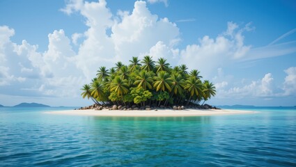 Tropical Island Oasis Surrounded by Crystal Clear Ocean Waters and Lush Palm Trees