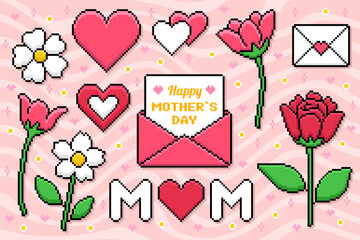 Mother's Day holiday. Hearts and flowers on a pink background. Pixel style vector illustration