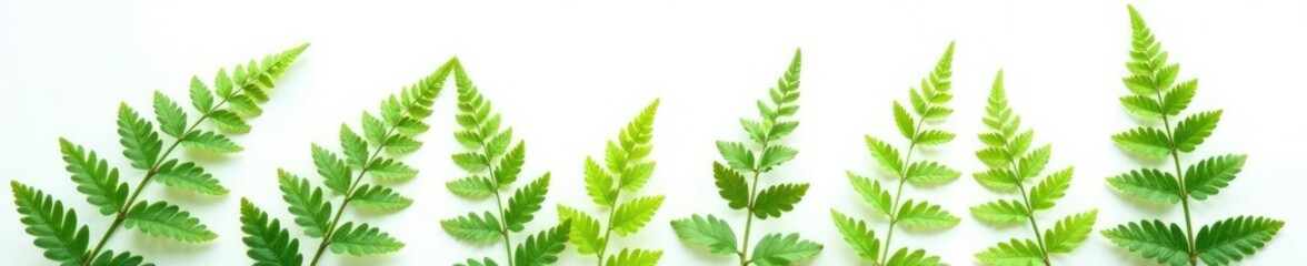 Delicate fern fronds scattered on a crisp white background, ferns, botanical, closeup