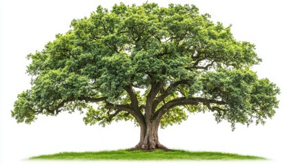 A vibrant green oak tree isolated on a white background, showcasing its robust trunk and expansive canopy.