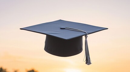 Graduation Cap Hovering Against a Radiant Sunset Sky with Warm Golden Light