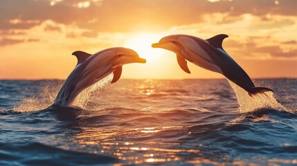 Fototapeta premium Two dolphins jumping out of the ocean at sunset, generative ai