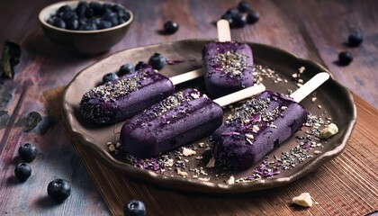 Exotic Blueberry Acai Popsicles with Superfood Elements Deep purple acai popsicles sprinkled 2