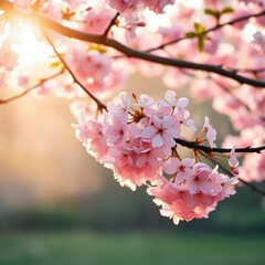 Obraz premium Cherry blossom tree blooms in early morning light, blossoms, serene, nature