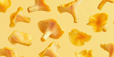 Naklejka premium Floating golden chanterelle mushrooms on a soft yellow background