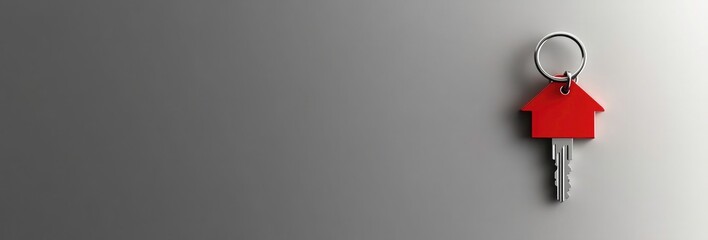 Red house-shaped key fob on a gray surface, ideal for real estate.