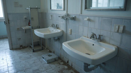 Two white sinks / wash basins in bathroom of disused clinic