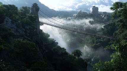 Obraz premium Misty Jungle Suspension Bridge, Ancient Ruins