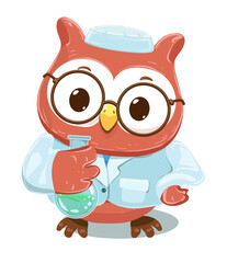 Cartoon owl as a scientist, with round glasses, lab coat, holding a beaker, scientific experiment, educational illustration