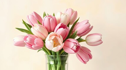 Naklejka premium Beautiful Pink and White Tulip Bouquet in Vase Spring Flowers