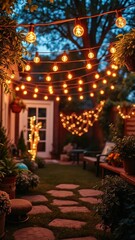 Cozy backyard illuminated by soft string lights, festive, warm, evening