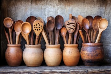 Collection of wooden kitchen utensils displayed in clay pots on rustic shelf inside home kitchen