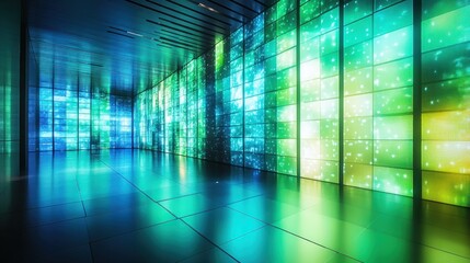 Futuristic, illuminated corridor with vibrant, pixelated walls