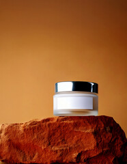 A jar of cosmetic moisturizer cream isolated on a rock with clear background